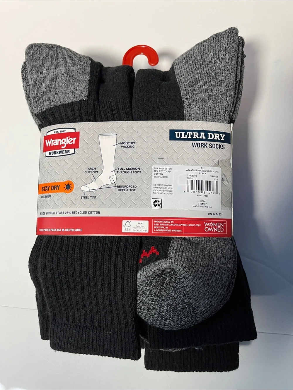 Wrangler Workwear Ultra Dry Crew Socks - Black & Gray (6 Pack)